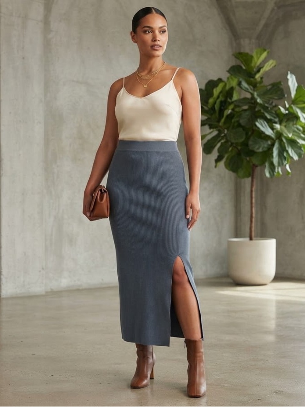 High-Rise Ribbed Midi/Maxi Skirt with Side Slit - Slate Blue